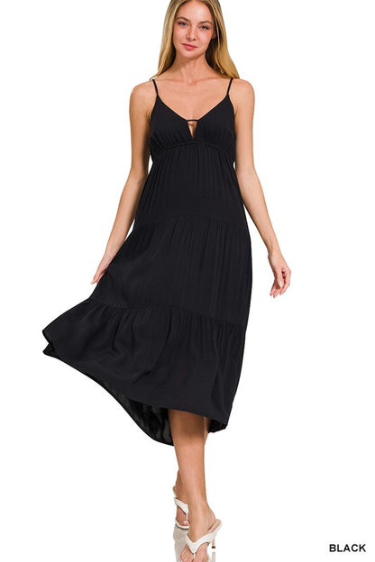 Woven Sweetheart Neckline Tiered Cami Midi Dress