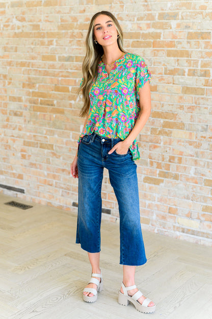 Lizzy Cap Sleeve Top in Emerald and Plum Floral Paisley