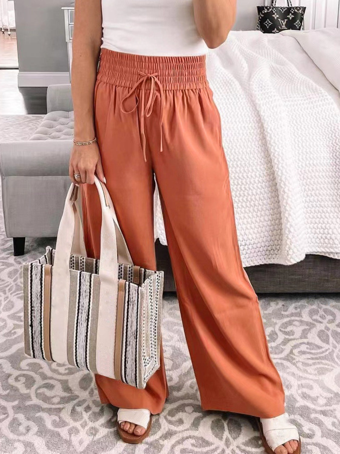 ElegantEase Full Size Drawstring High Waist Wide Leg Pants