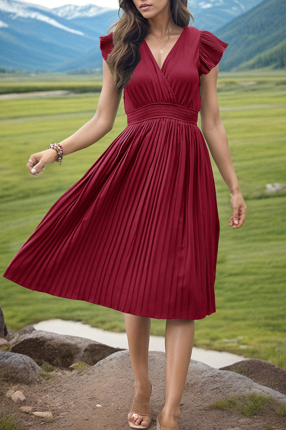 Tied Smocked Waist Flutter Sleeve Dress