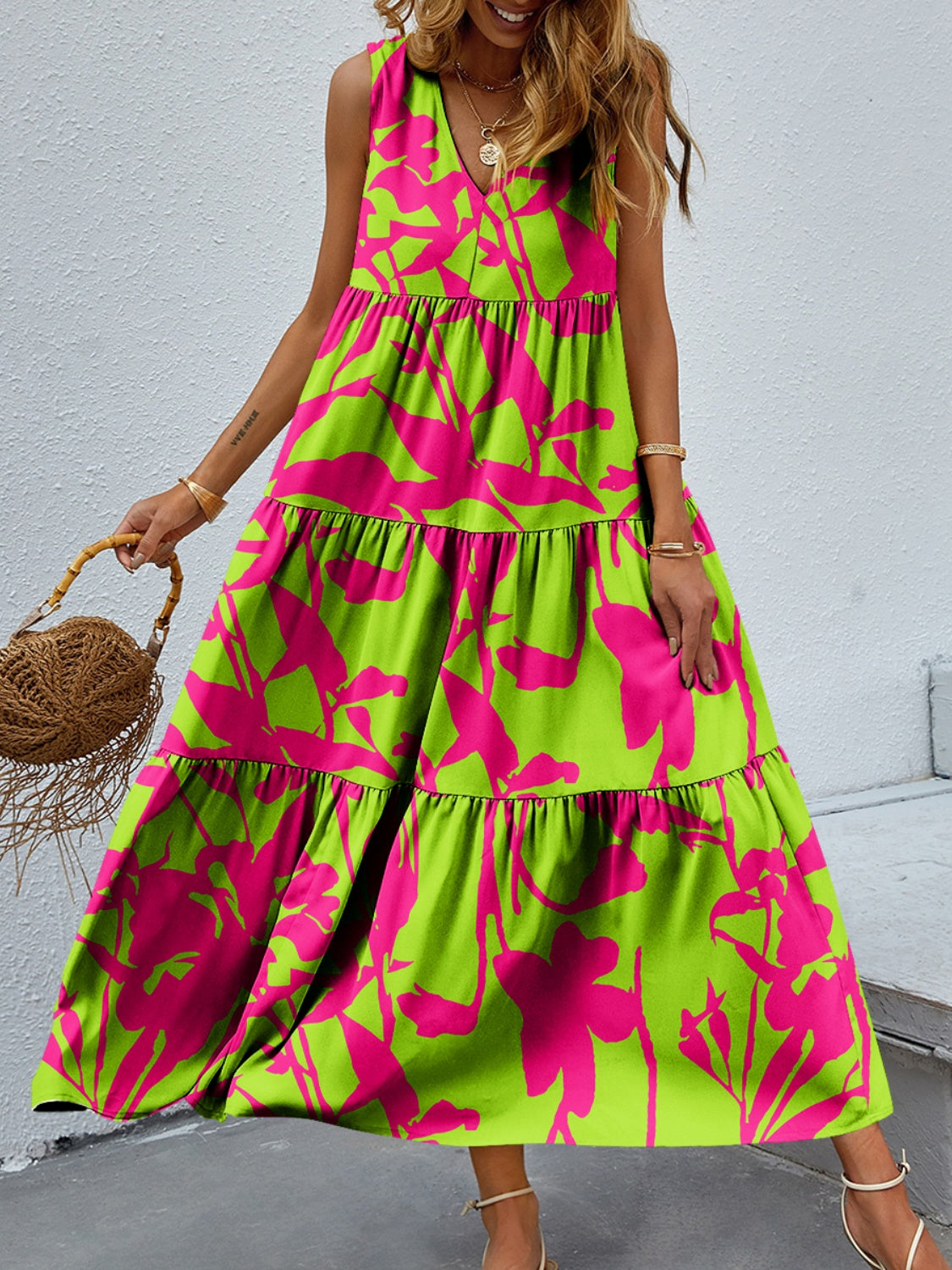 Tiered Printed V-Neck Sleeveless Dress