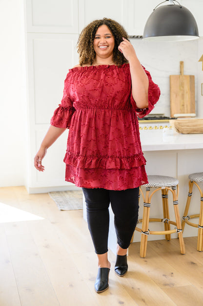 Hello, Goodbye Ruffle Dress In Burgundy