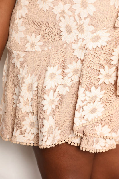 Double Take Floral Lace Pompom Detail Tie-Waist Flutter Sleeve Dress